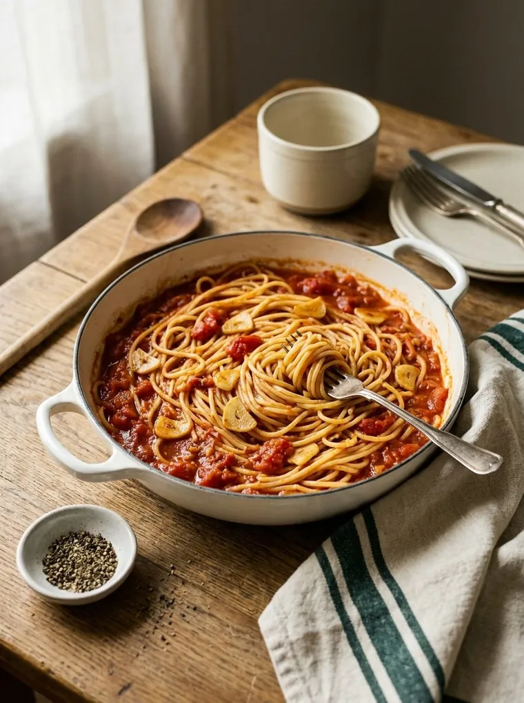 Spaghetti mit Knoblauch und Dosentomaten in einer weißen Pfanne